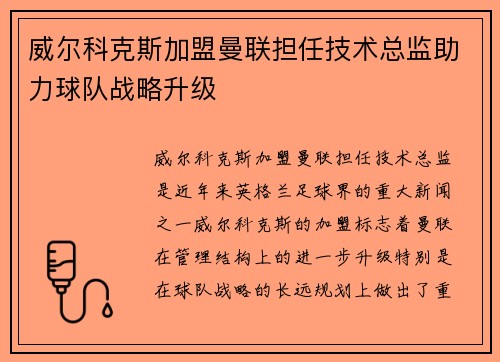 威尔科克斯加盟曼联担任技术总监助力球队战略升级