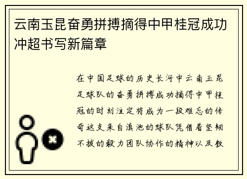 云南玉昆奋勇拼搏摘得中甲桂冠成功冲超书写新篇章